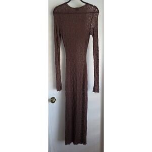 Blanc Clothing Maxi Dress L Brown Long Sleeve Knit Lace Bodycon Sheer Bohemian
